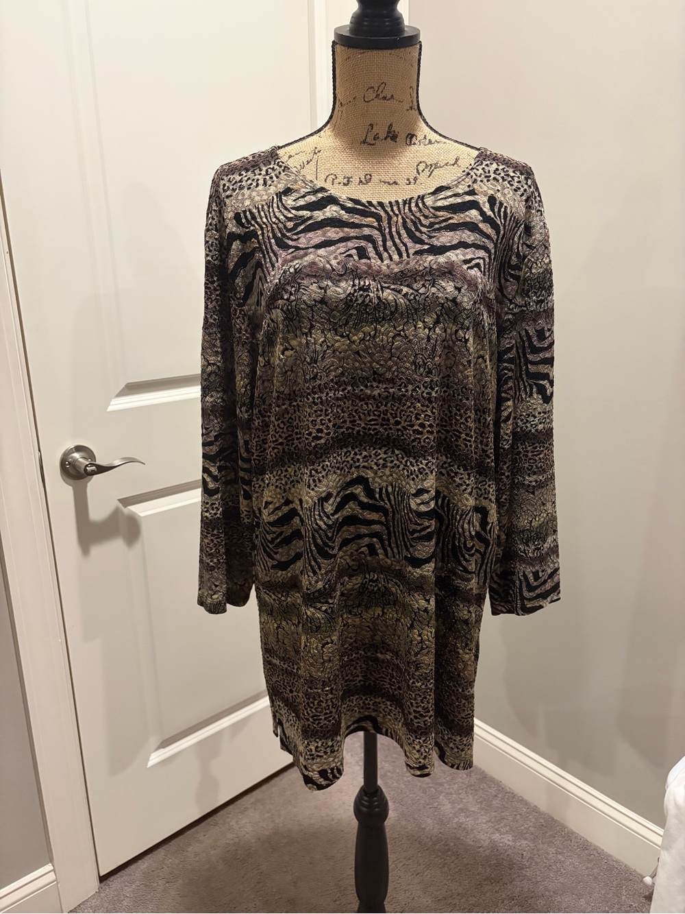 JM Collection Mixed Animal Print Long Sleeve Tunic Dress in Black and Tan